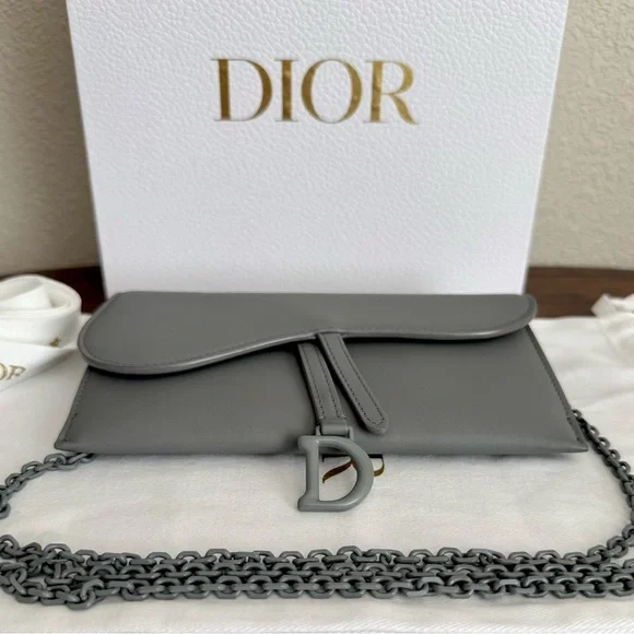 DIOR Ultra Matte Calfskin Leather Saddle Wallet on Chain in Grey - Picture 9 of 10